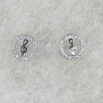 Sterling silver circle studs with music note and cubic zirconia detail