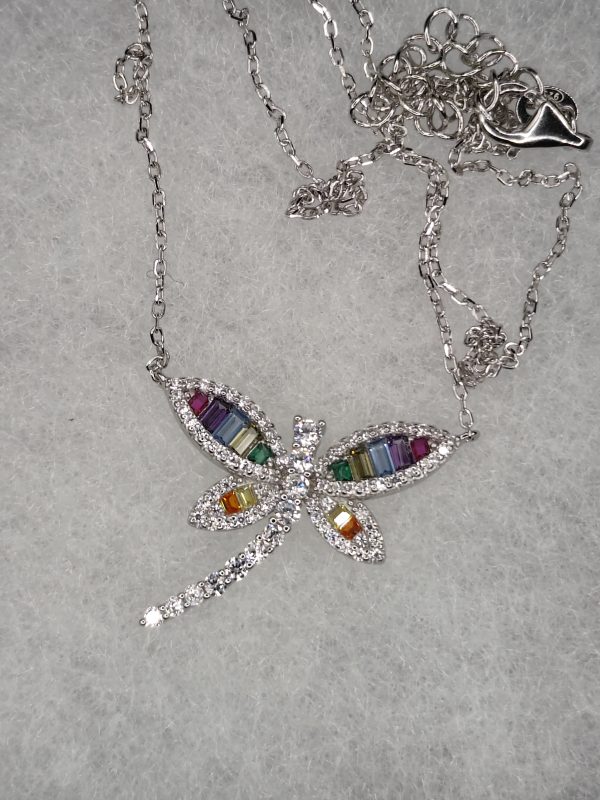 Sterling silver necklace with multicolour cubic zirconia decorated dragonfly