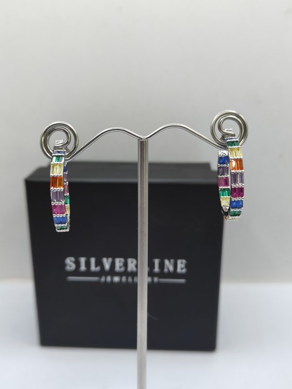 Sterling silver 20mm multicolour double row baguette cz hoop earrings