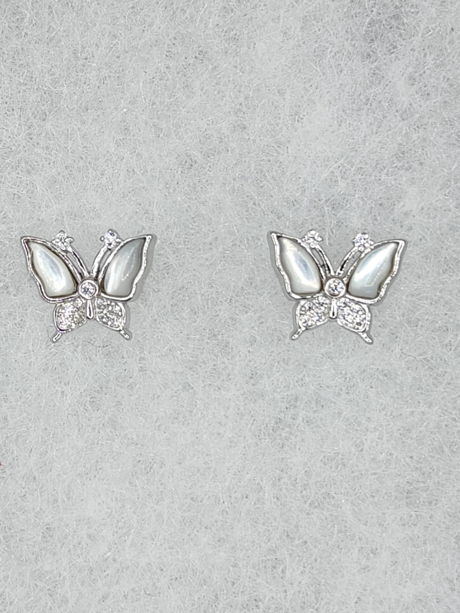 Sterling silver 8mmx9mm cz and mother of pearl butterfly stud earrings
